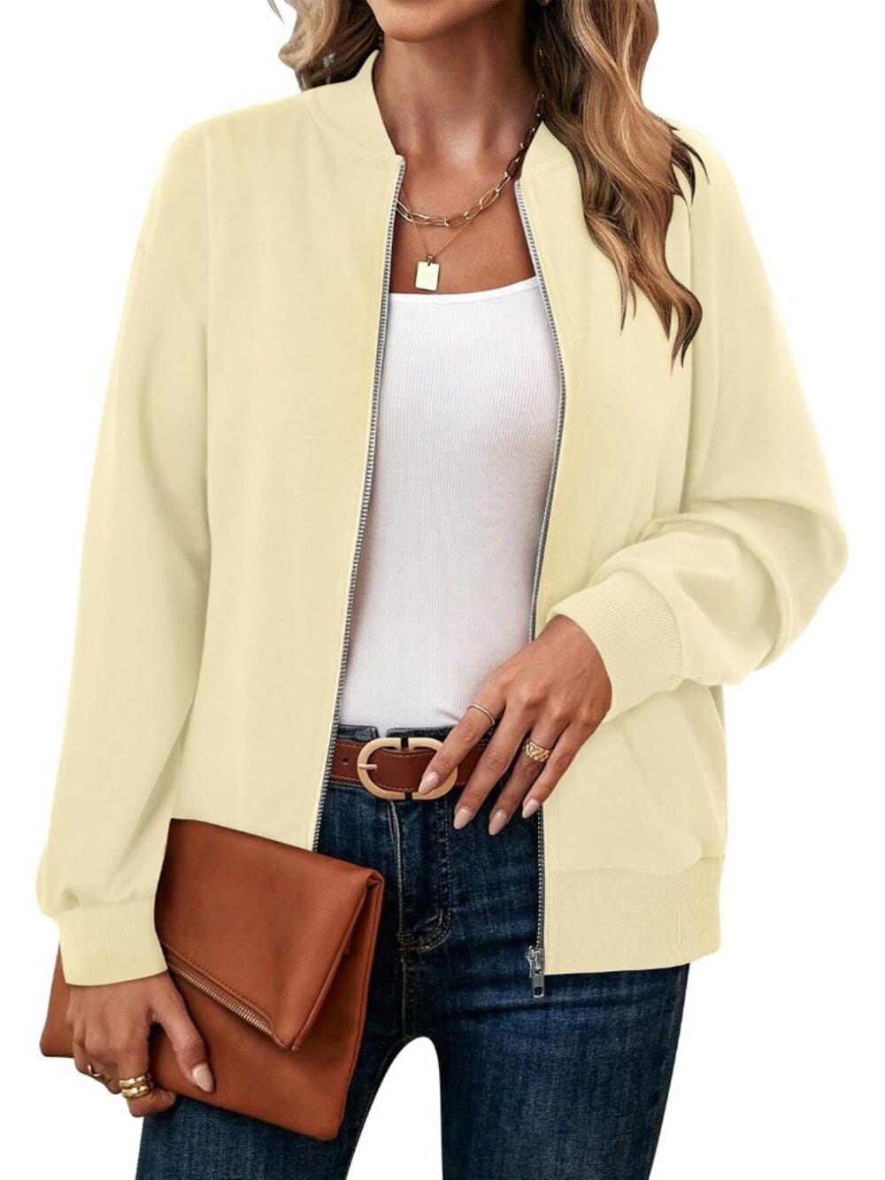 🆕 Women's Beige Bomber Jacket Solid Zip Up Casual Lightweight Outerwear Coat